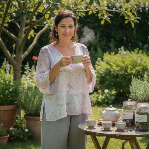 Zeleni čaj s medom i limunom poslužen na drvenom stolu s cvjetnim aranžmanom.